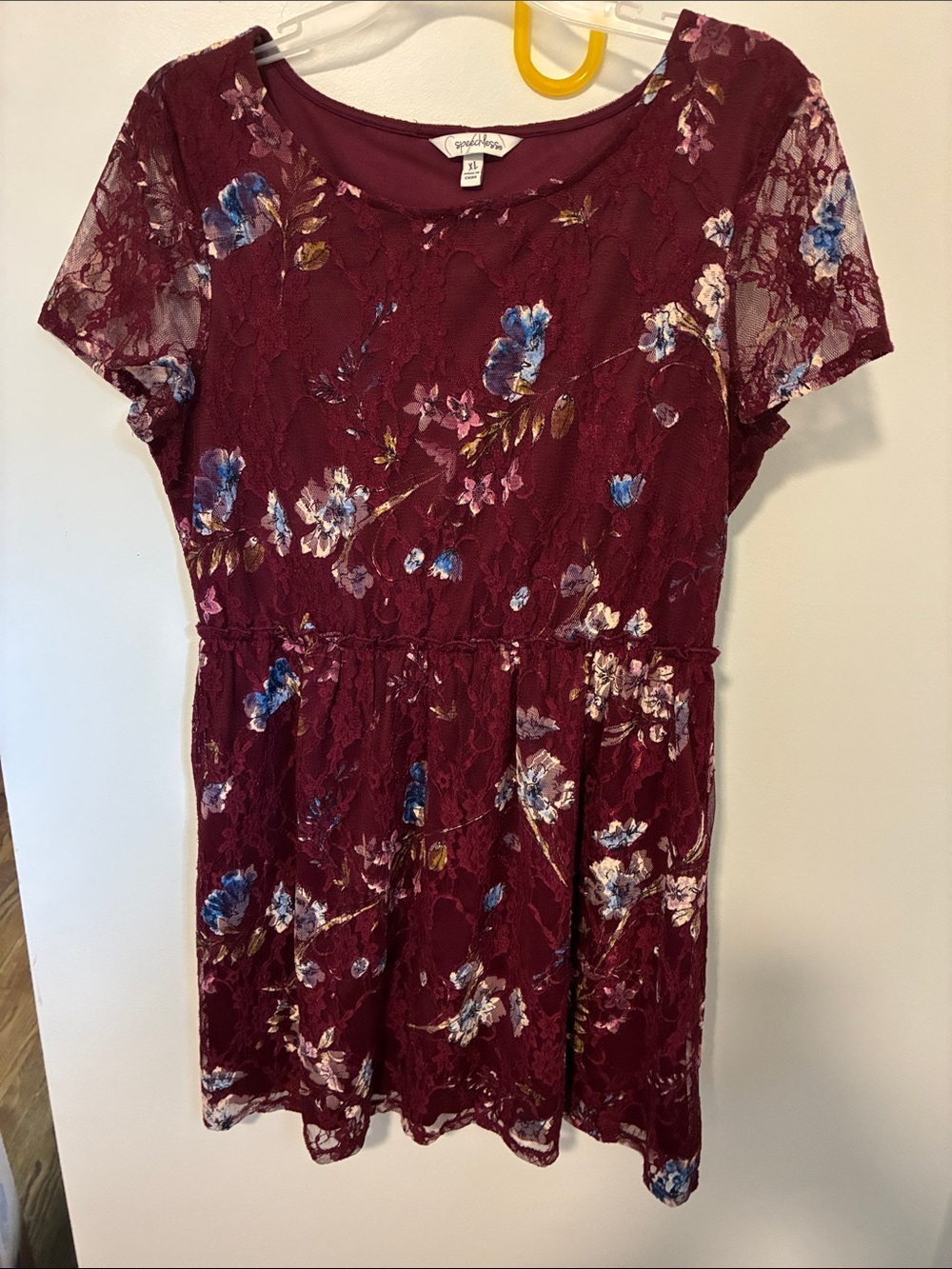Speechless Dress XL Juniors Burgundy Floral Lace Short Sleeve Fit Flare Skater